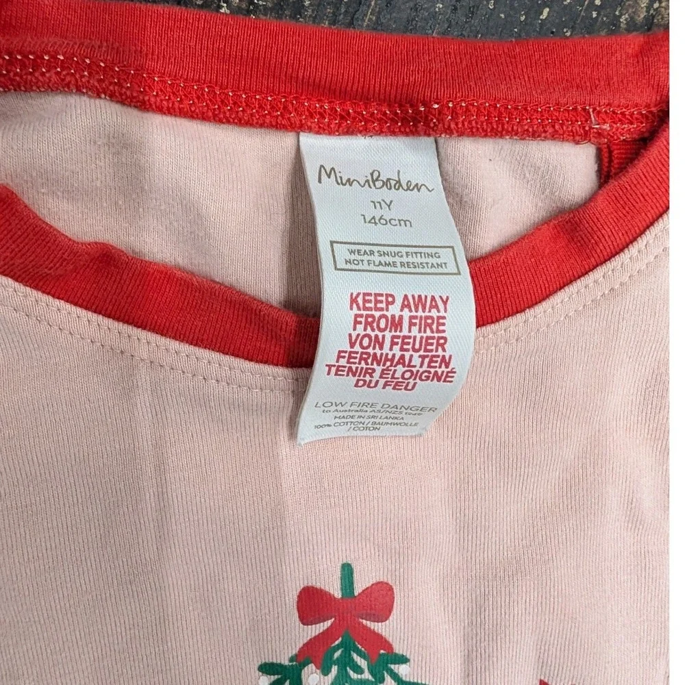 Mini Boden Girls Pink Christmas Kitten Pajama Top Long Sleeve Red Trim- Size 11Y